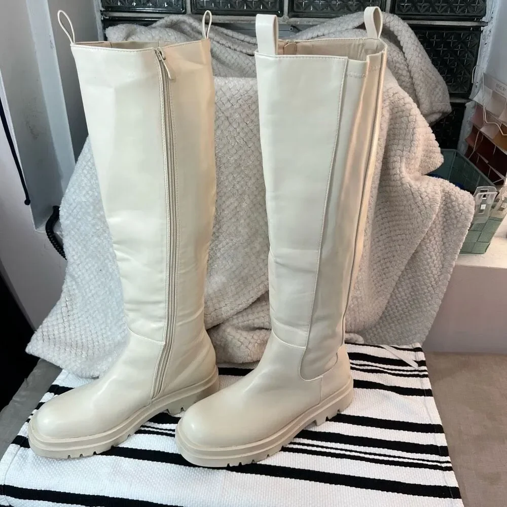 Fashion Nova Nude Big Moves Chelsea Lug Sole Knee High Boots Size 11 - Picture 3 of 11